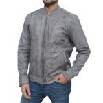 Grey Leather Bomber Jacket